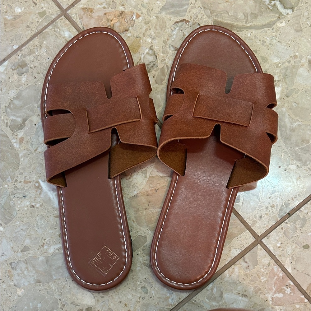 Brown Leather Slide Sandals